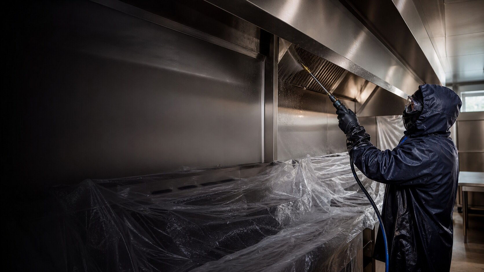 Commercial kitchen exhaust technician cleaning stainless hood and duct surfaces